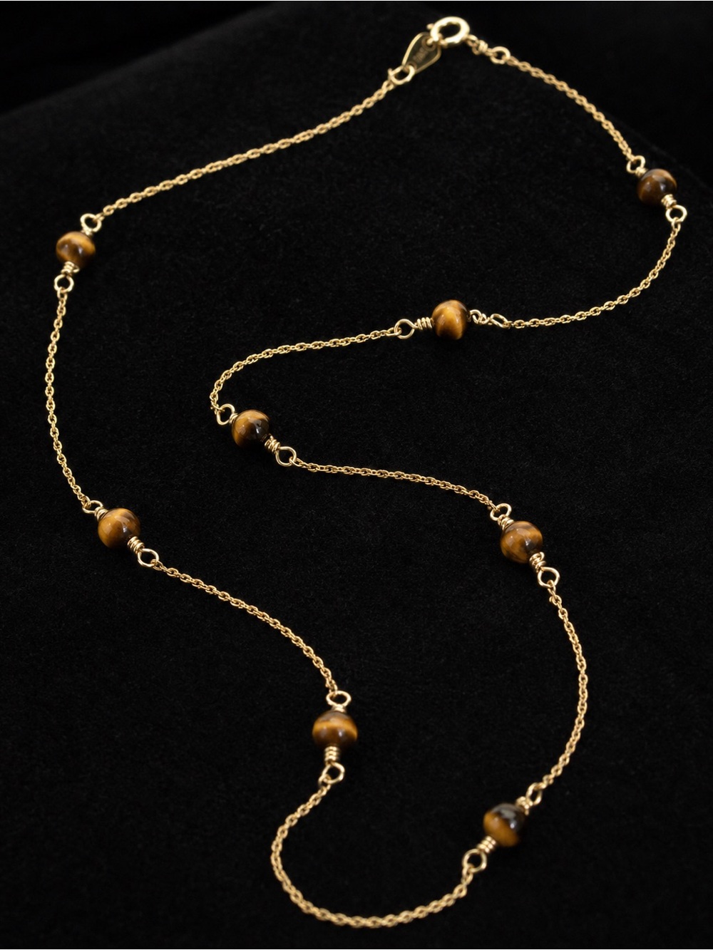 14K Yellow Gold Tiger Eye Station Necklace 14 In Wire Wrap Fine Jewelry Vintage